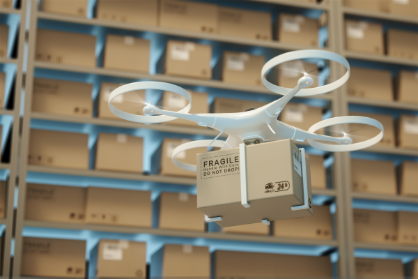 Drone technology is being used as a transportation and delivery method from modern distribution facilities.